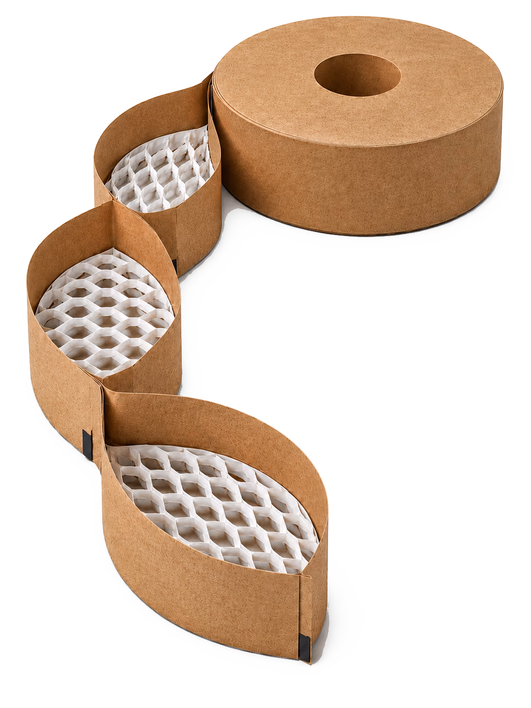 Bobina BEEBASE desplegándose en cestas de papel kraft