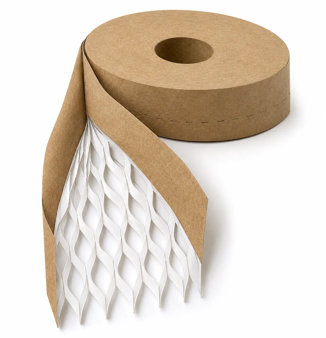 Bobina BEEBASE de papel kraft desplegándose en cestas con base celular